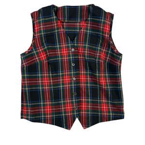 Tartan Plaid Button Up Vest Unlined Womens Large Red Black Preppy Academia Poet